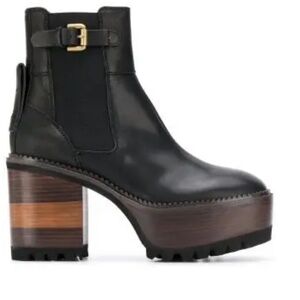 See By Chloé ✨Block Heel Platform Black Leather Bootie